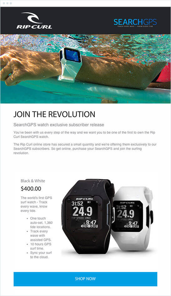 An email newsletter for new launched products